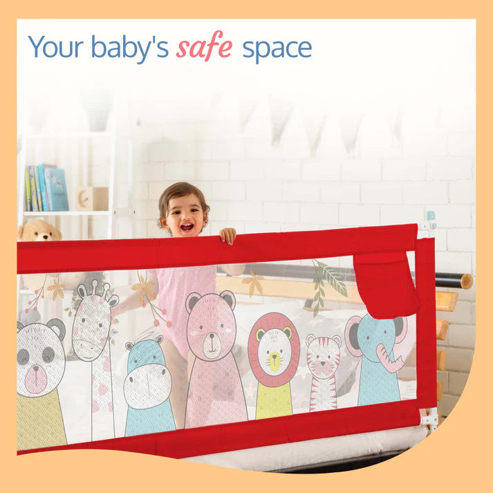 Red Luvlap Comfy Bed Rail Guard with white mesh featuring cute cartoon animals like a panda, giraffe, hippo, bear, lion, tiger, and elephant. Adjustable and designed for child safety. From uSmile.toys." www.usmile,.toys